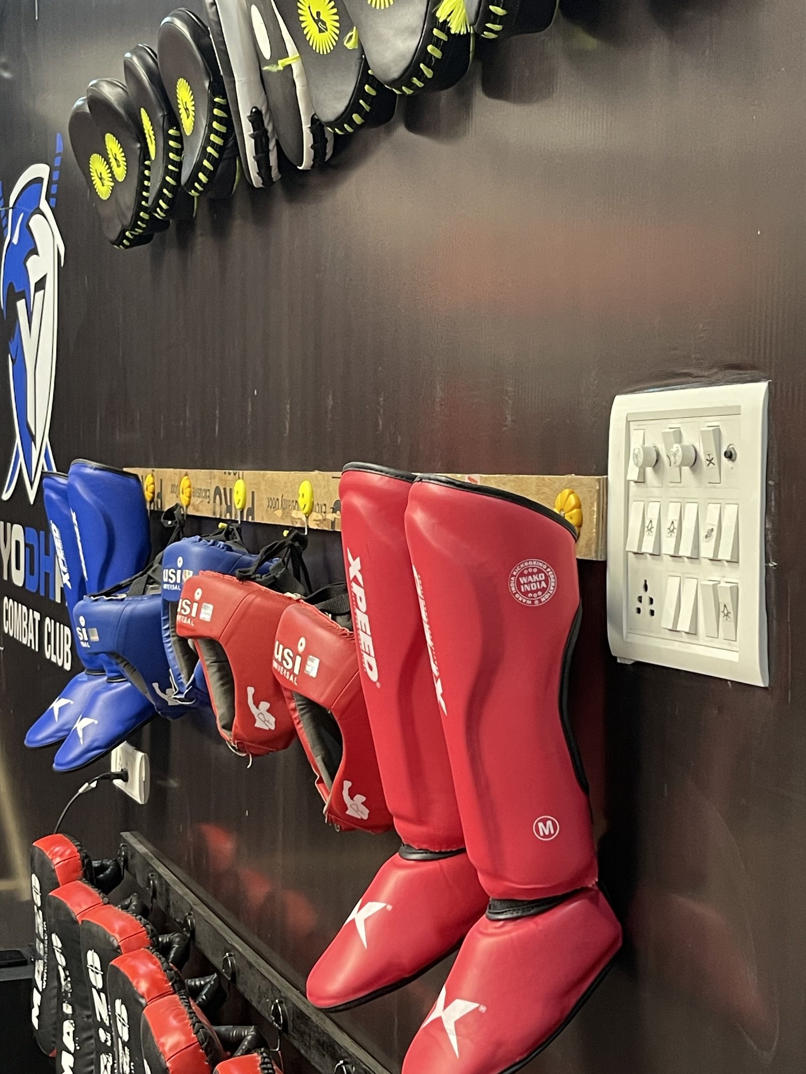 Shin guards and gloves for Muay Thai kickboxing